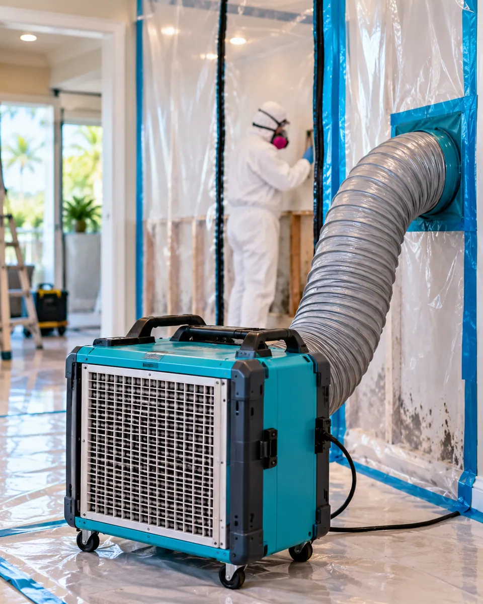 HEPA air scrubber and poly containment set up for mold remediation in West Palm Beach